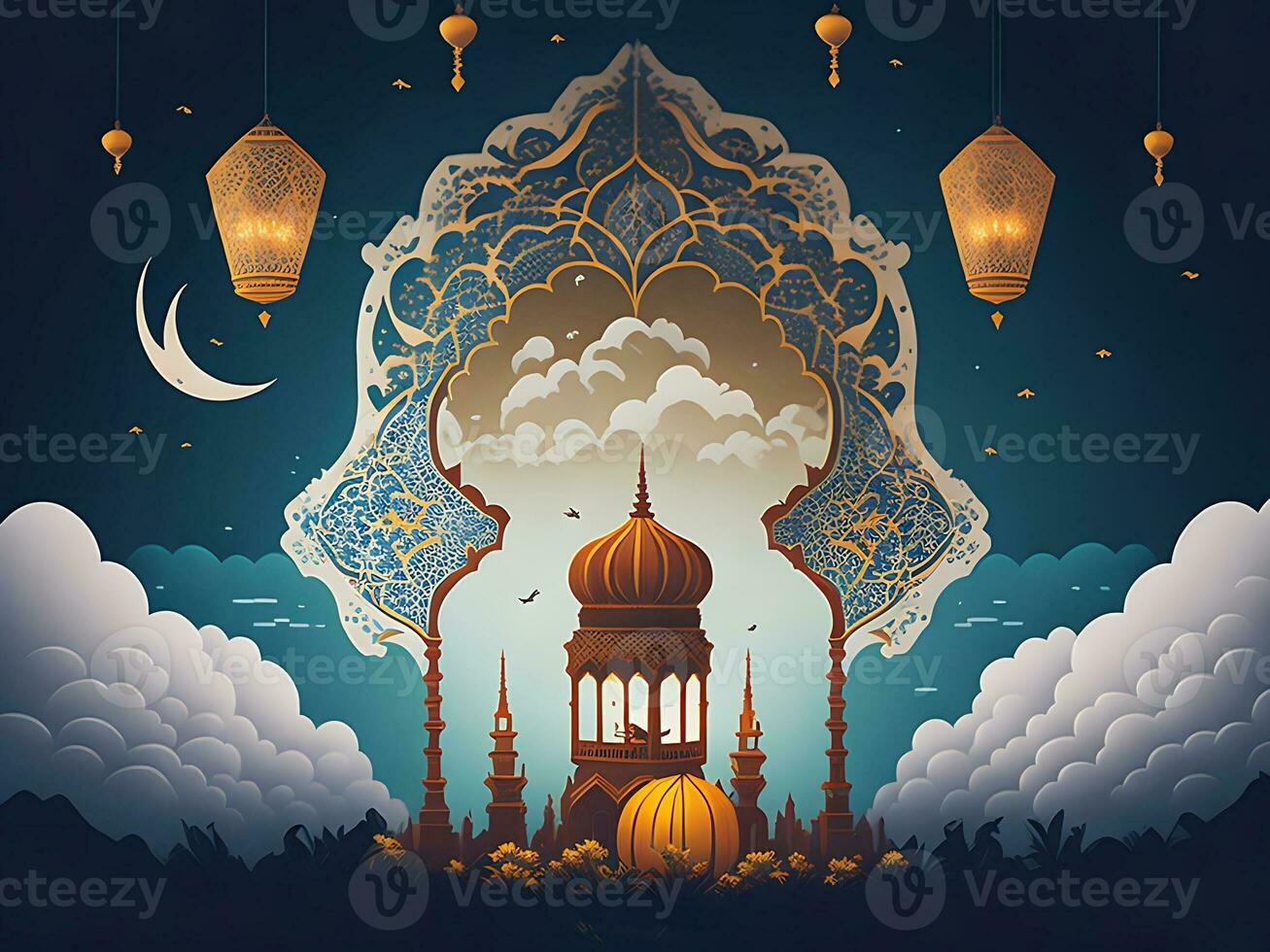 gelukkig eid alfitr poster met een achtergrond van lantaarns maan en wolken foto