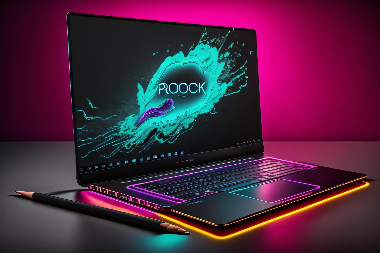 ai generatief, realistisch laptop neon effect, ai gegenereerd beeld foto