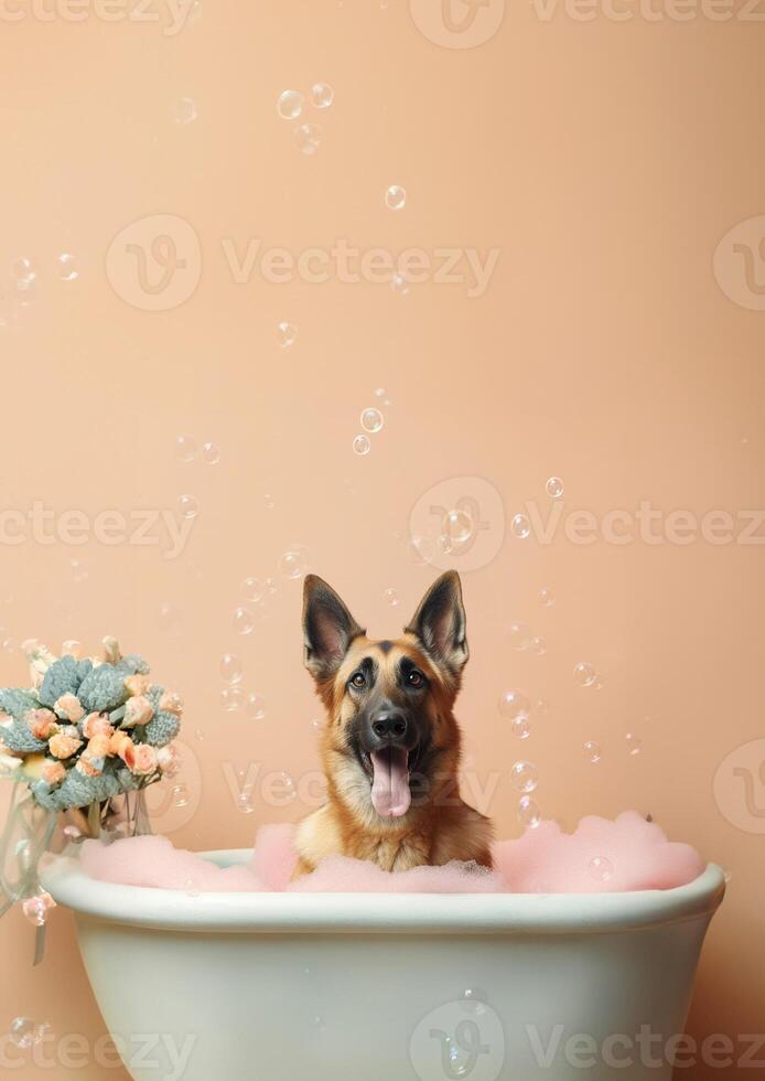 schattig belgisch herder hond in een klein bad met zeep schuim en bubbels, schattig pastel kleuren, generatief ai. foto