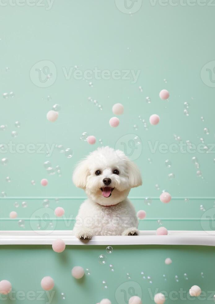 schattig bichon frise hond in een klein bad met zeep schuim en bubbels, schattig pastel kleuren, generatief ai. foto