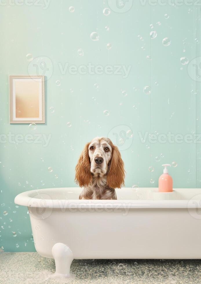 schattig Engels cocker spaniel hond in een klein bad met zeep schuim en bubbels, schattig pastel kleuren, generatief ai. foto