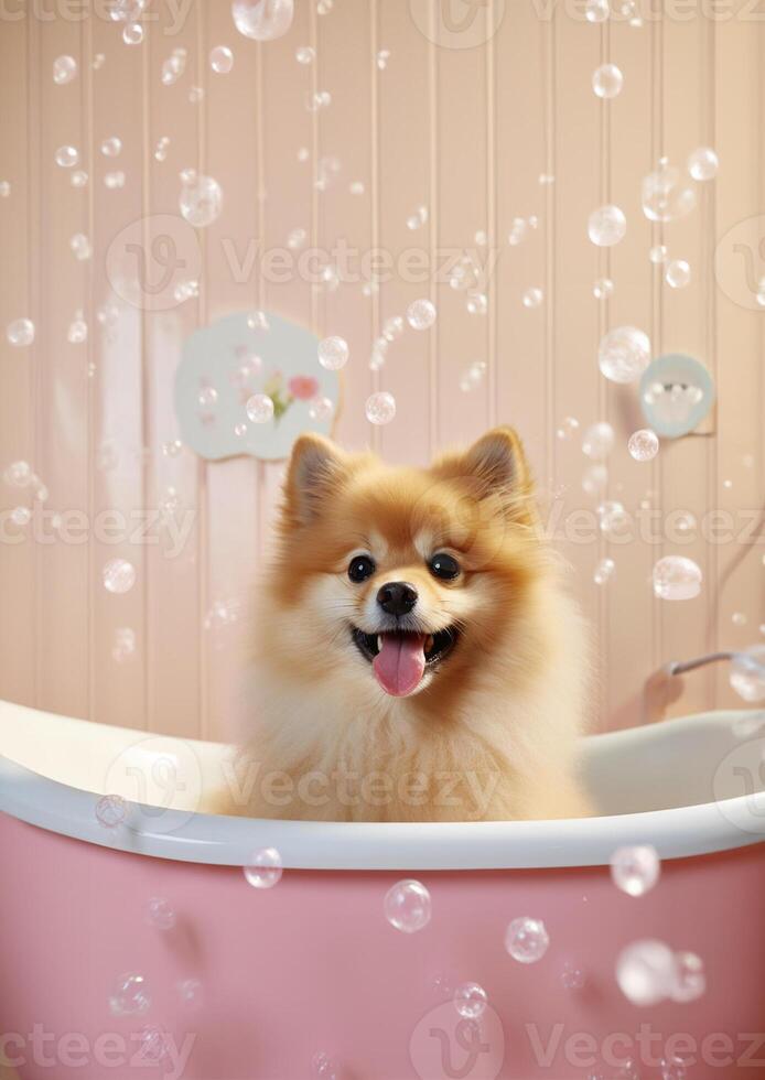 schattig pommeren hond in een klein bad met zeep schuim en bubbels, schattig pastel kleuren, generatief ai. foto