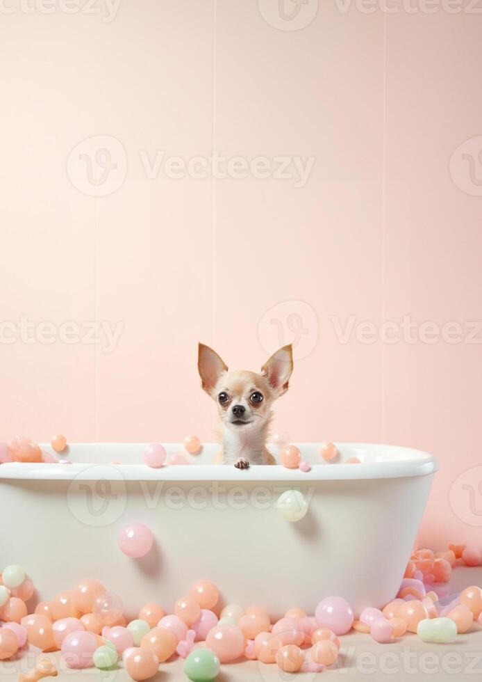 schattig chihuahua hond in een klein bad met zeep schuim en bubbels, schattig pastel kleuren, generatief ai. foto