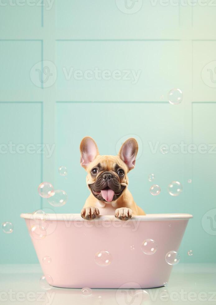 schattig Frans bulldog hond in een klein bad met zeep schuim en bubbels, schattig pastel kleuren, generatief ai. foto