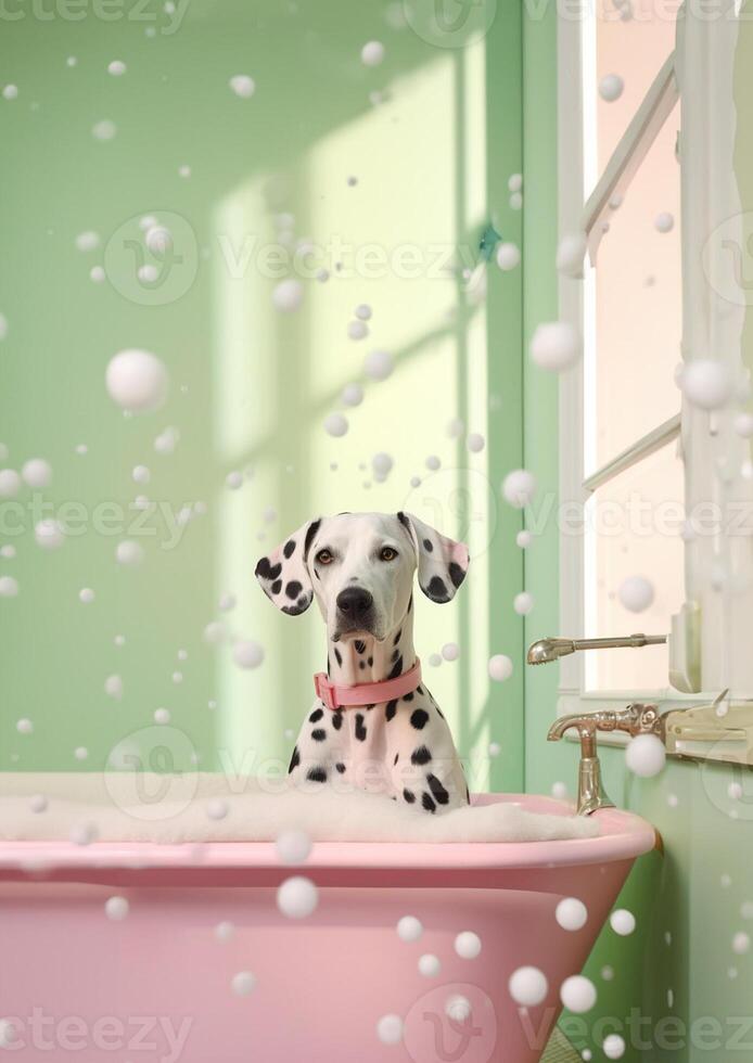 schattig dalmatiër hond in een klein bad met zeep schuim en bubbels, schattig pastel kleuren, generatief ai. foto