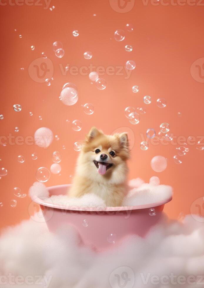 schattig pommeren hond in een klein bad met zeep schuim en bubbels, schattig pastel kleuren, generatief ai. foto