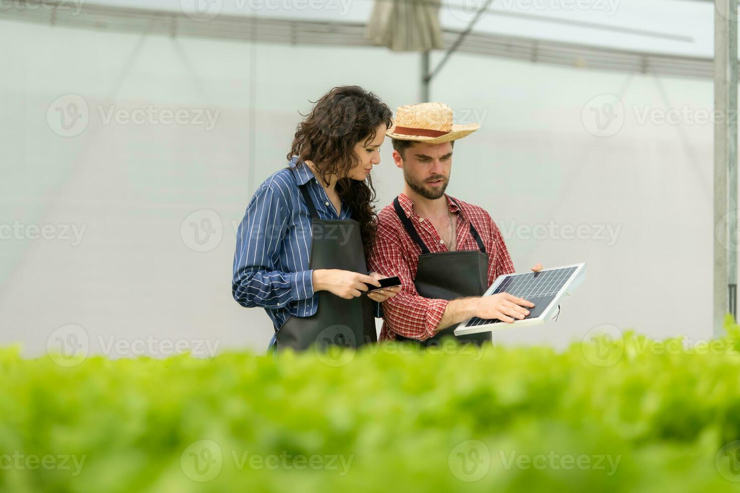 klein mensen uit het bedrijfsleven met de missie van installeren een klein zonne- cel paneel voor de elektrisch systeem van de biologisch groente tuin. foto