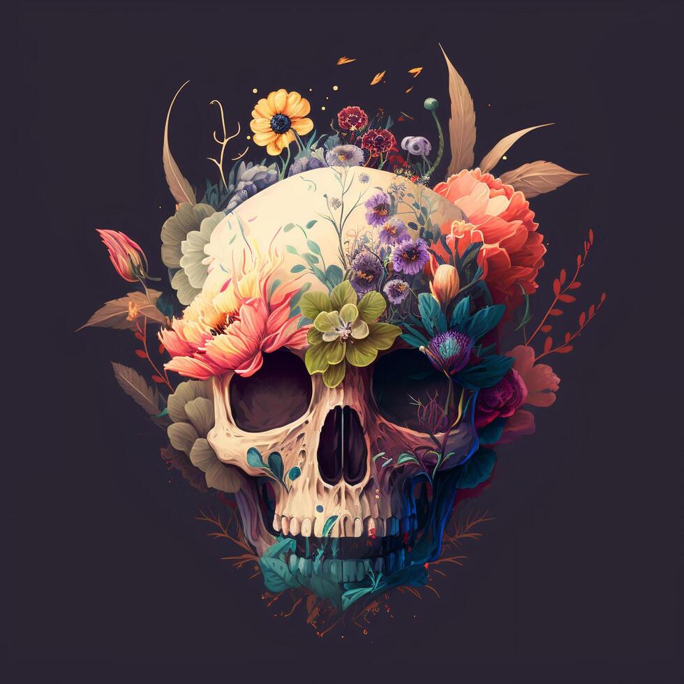schedel decoratie met bloem of bloemen, ai gegenereerd foto