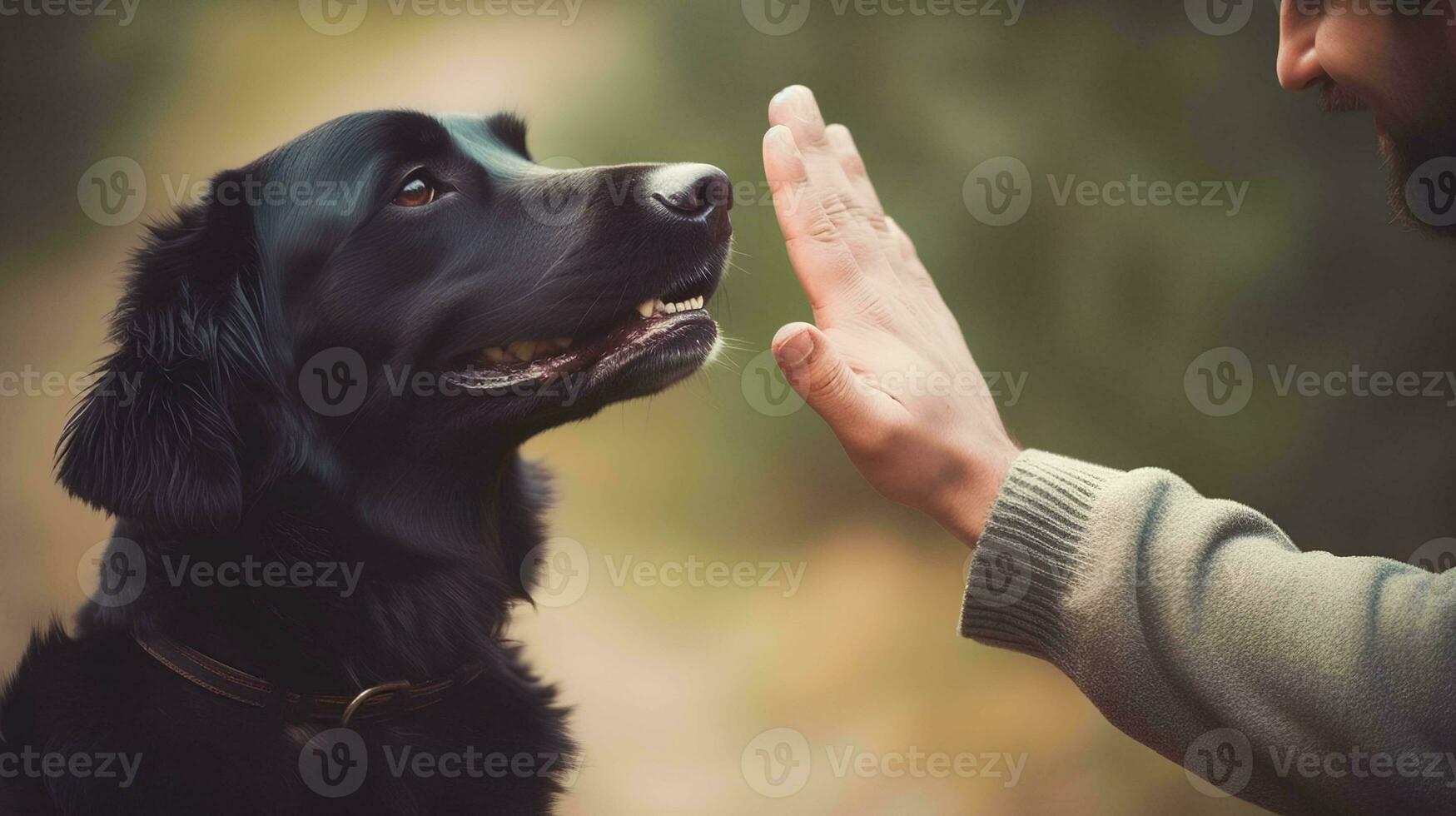 een Mens treinen een zwart hond. een Mens geeft een commando naar een hond. de hand- shows de commando naar de hond. generatief ai. foto