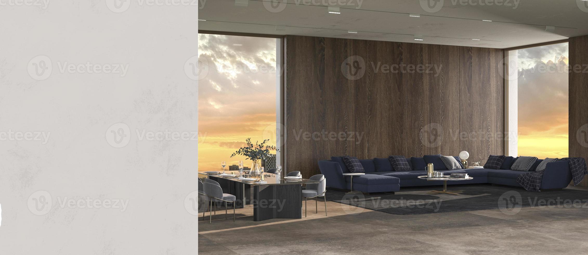 moderne luxe interieur achtergrond met panoramische ramen en uitzicht op de natuur en gips muur mock up helder ontwerp woonkamer 3d render illustratie foto