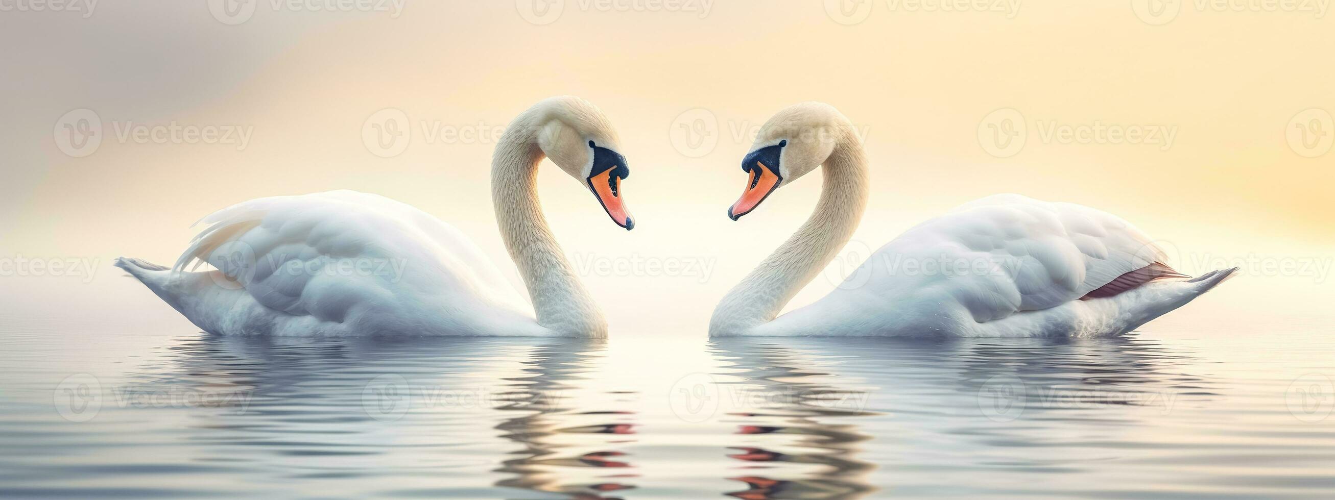 romantisch paar- van zwanen in liefde vormen een hart vorm Aan de oppervlakte van de water, banier gemaakt met generatief ai foto