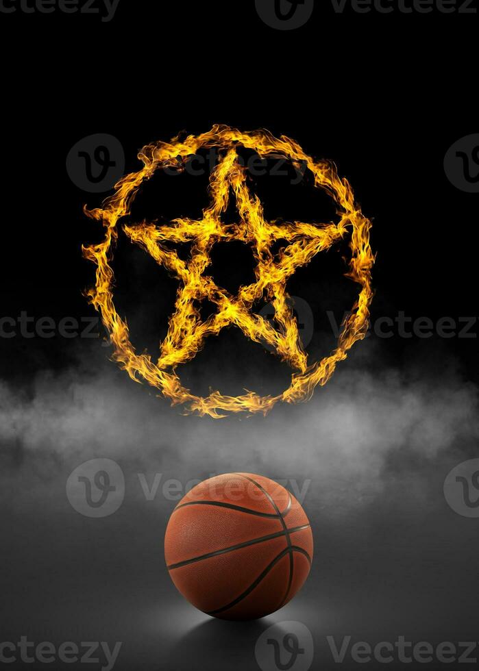 basketbal bal en ring ster, van brand in zwart rook achtergrond foto