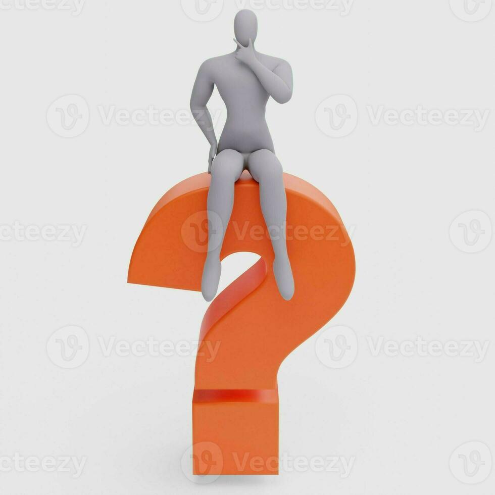 illustratie van een verward persoon met een groot vraag markering. 3d renderen van menselijk mensen karakter. foto