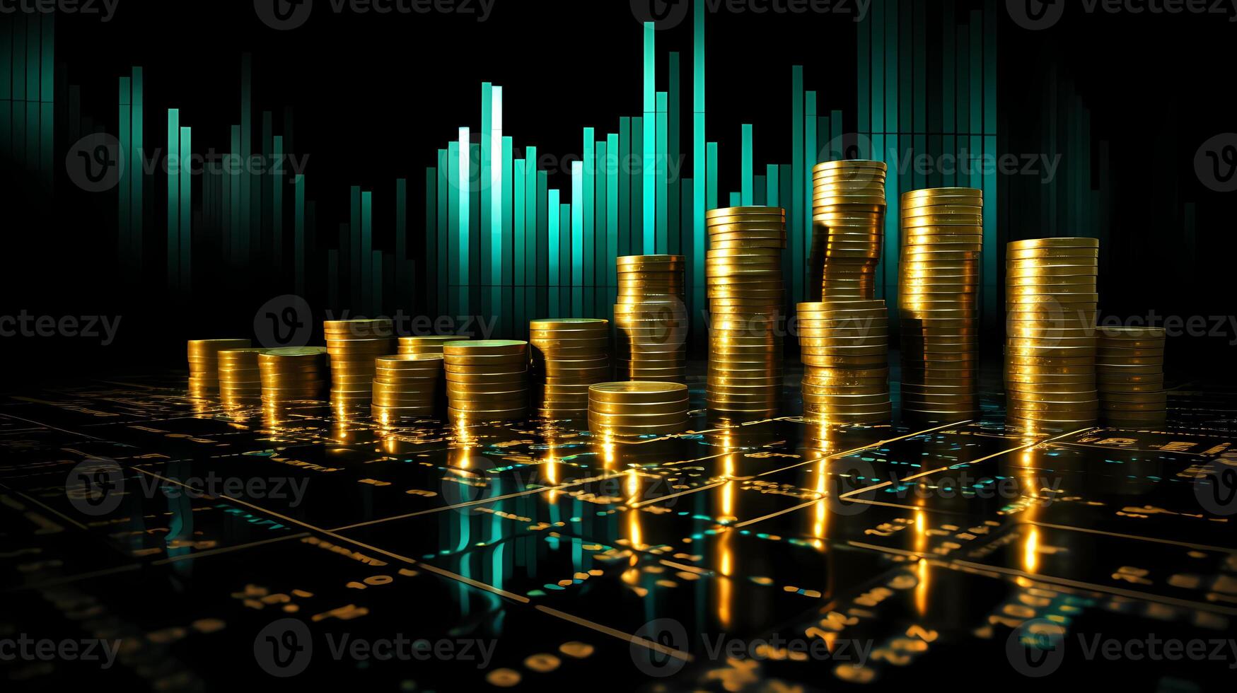 stapels van goud munten Aan donker achtergrond, bedrijf en financiën concept ai generatief foto