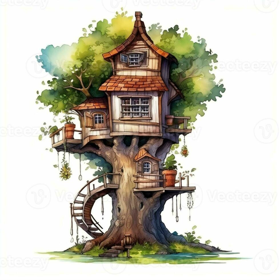 waterverf illustratie van een boom huis in de vorm van een huis ai generatief foto