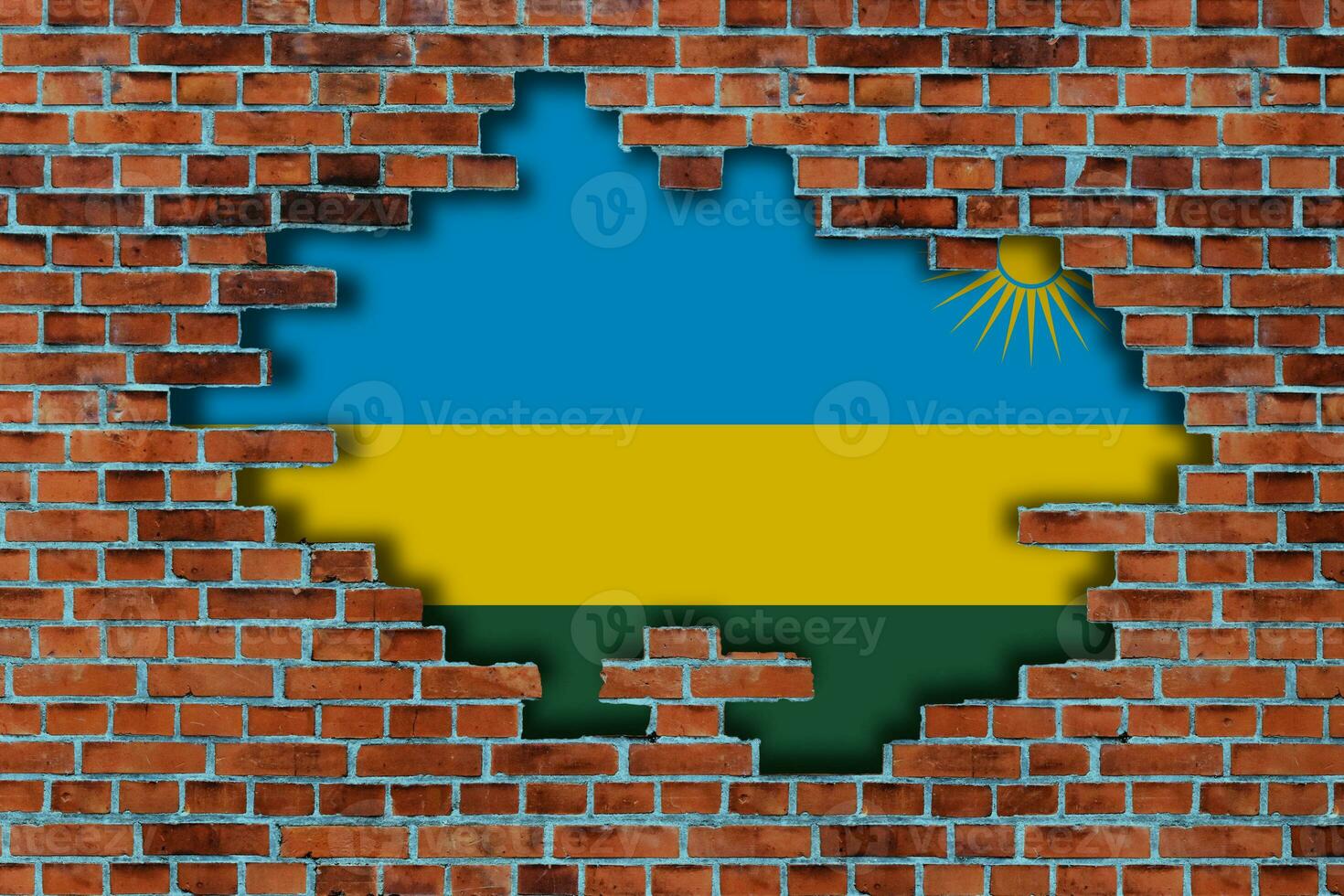 3d vlag van rwanda achter de gebroken oud steen muur achtergrond. foto