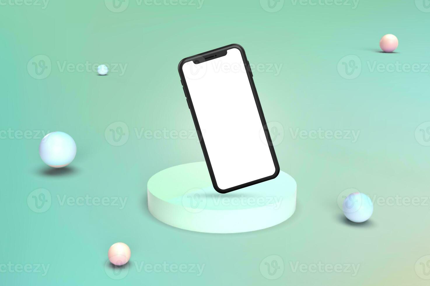 blanco scherm mobiel telefoon mockup met 3d weergegeven meetkundig vormen foto