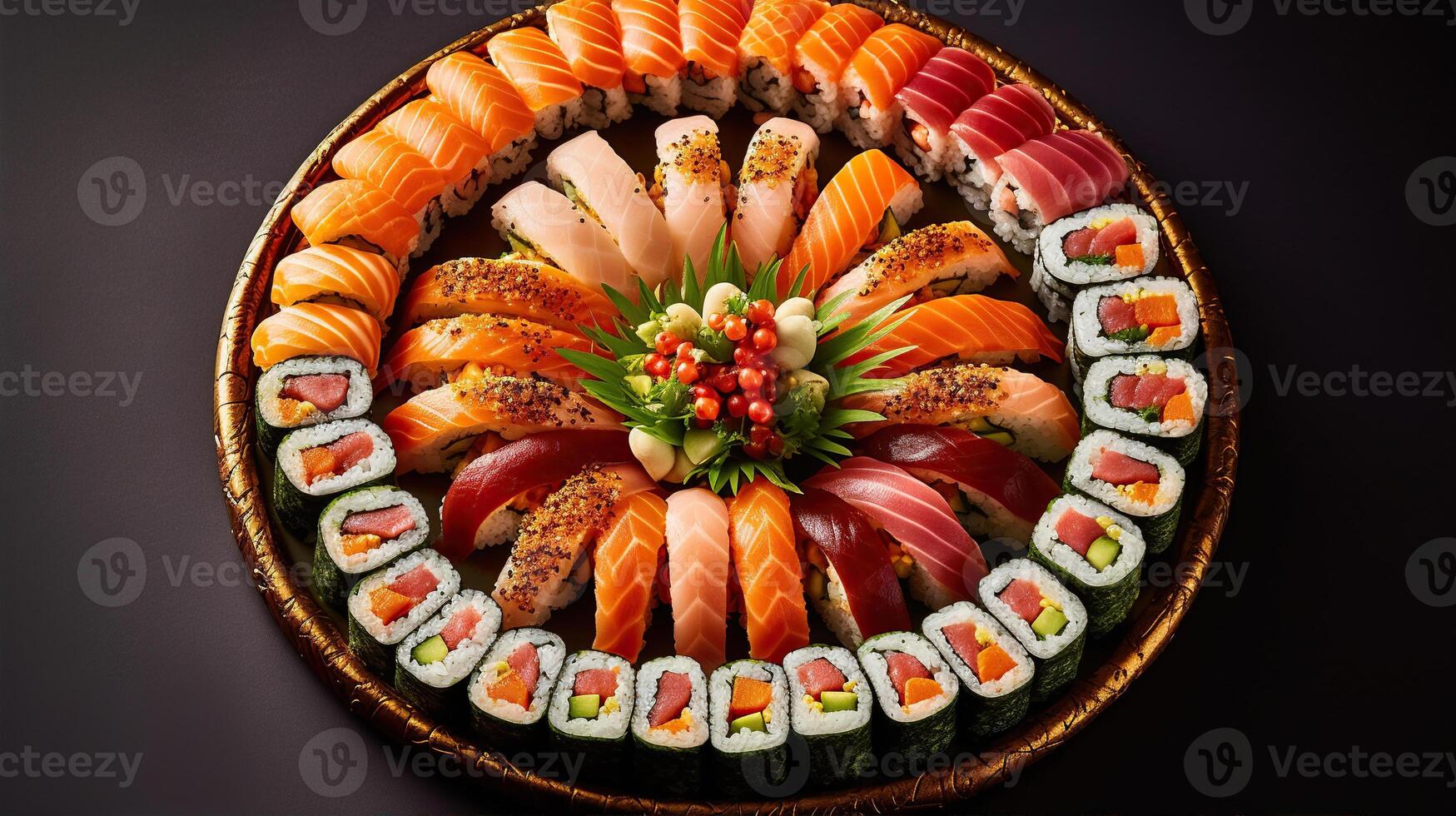 sushi menu. rollen met Zalm, avocado, komkommer. Japans voedsel. gemaakt met generatief ai foto