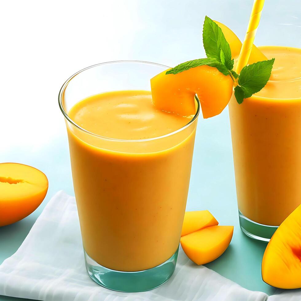 tropisch mango smoothie met ijs blokjes, vers munt bladeren en tuinieren tafereel gegenereerd door ai vrij foto