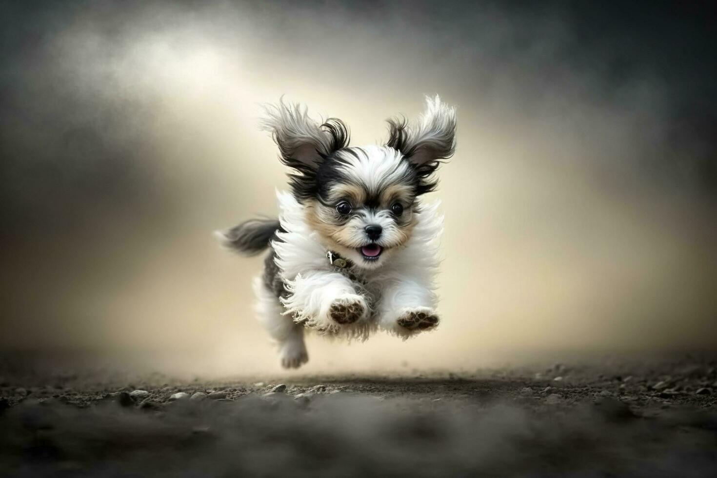 klein hond jumping met een wazig achtergrond, gegenereerd door ai foto