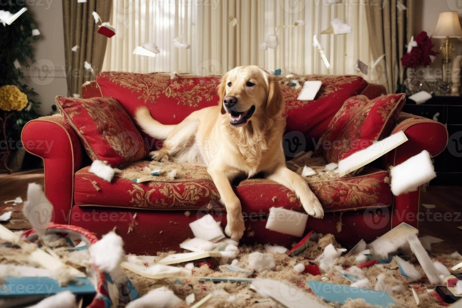 hond vernietigen kussens Aan bank. ondeugend speels hond na bijten een kussen. generatief ai foto