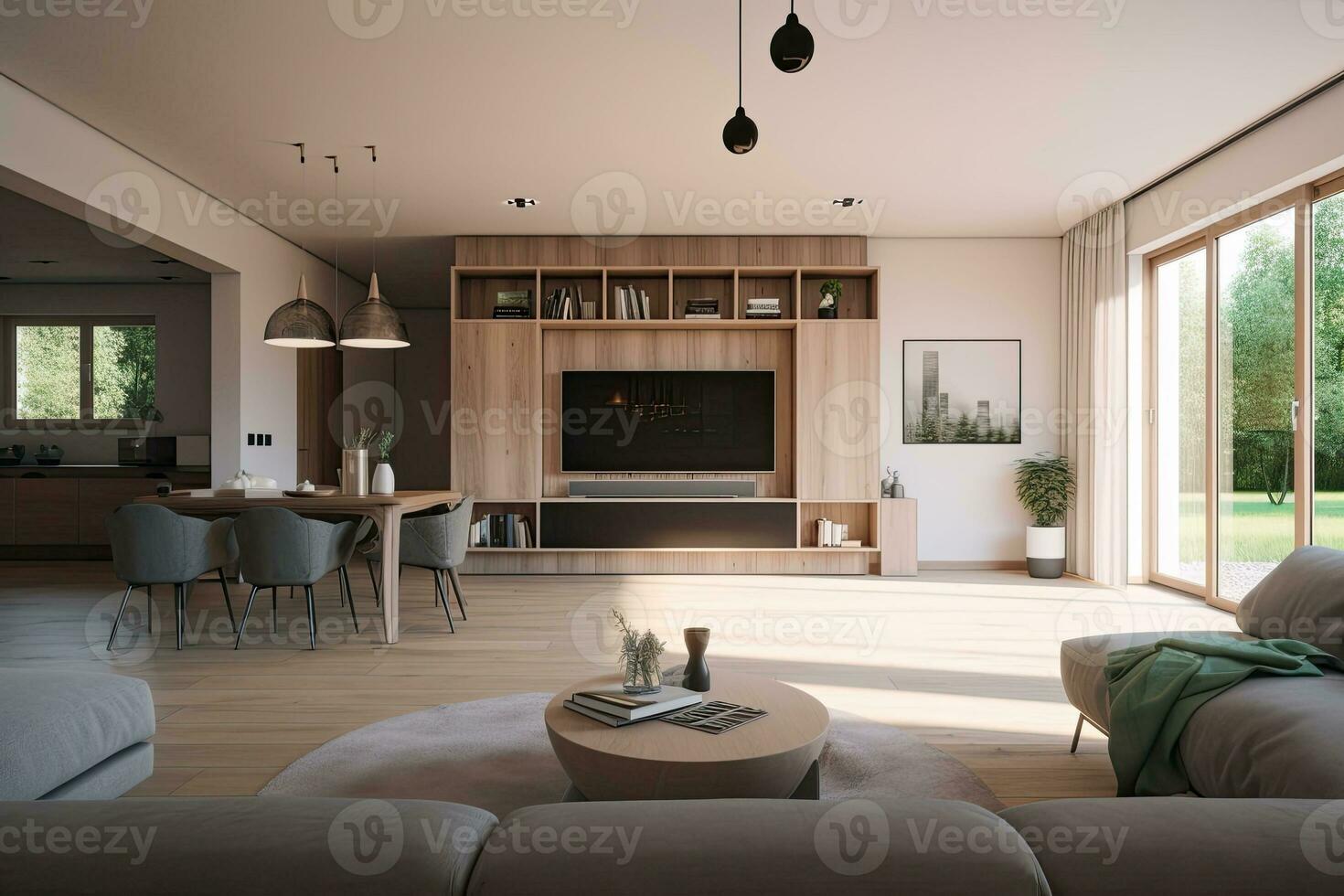 interieur ontwerp voor een ten volle geautomatiseerd huis met robot assistent. generatief ai illustratie foto