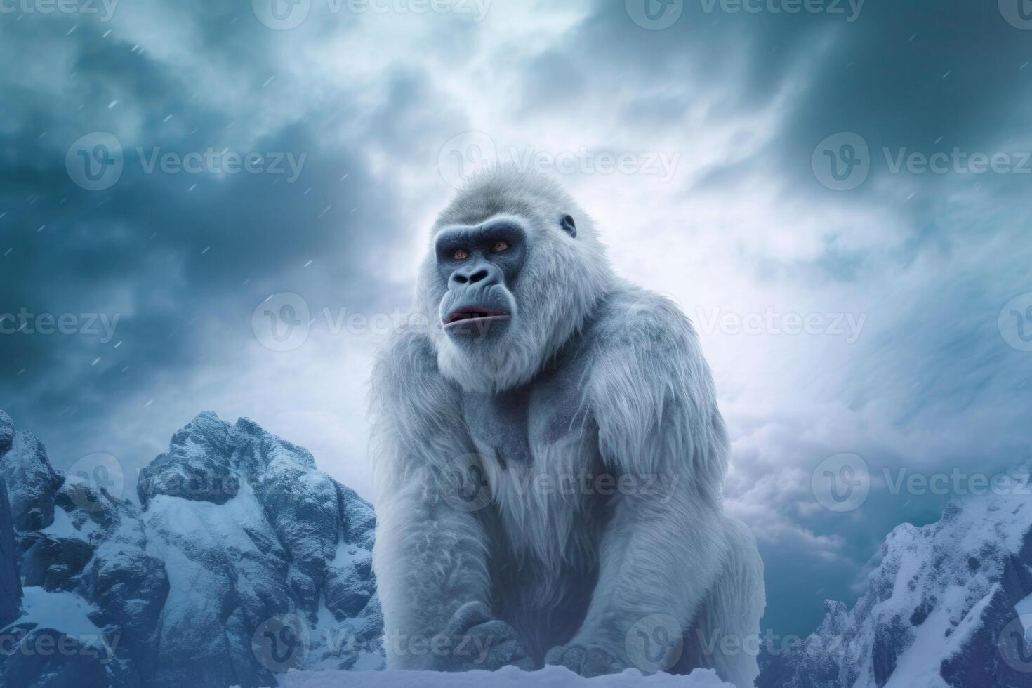 een wit gorilla staat Aan een besneeuwd berg top. dier portret. generatief ai foto