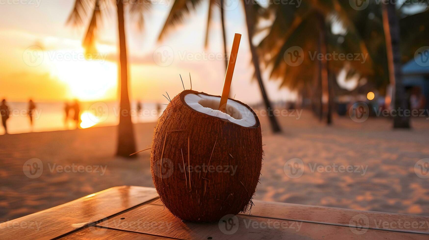 kokosnoot drinken met rietje Aan de strand. foto