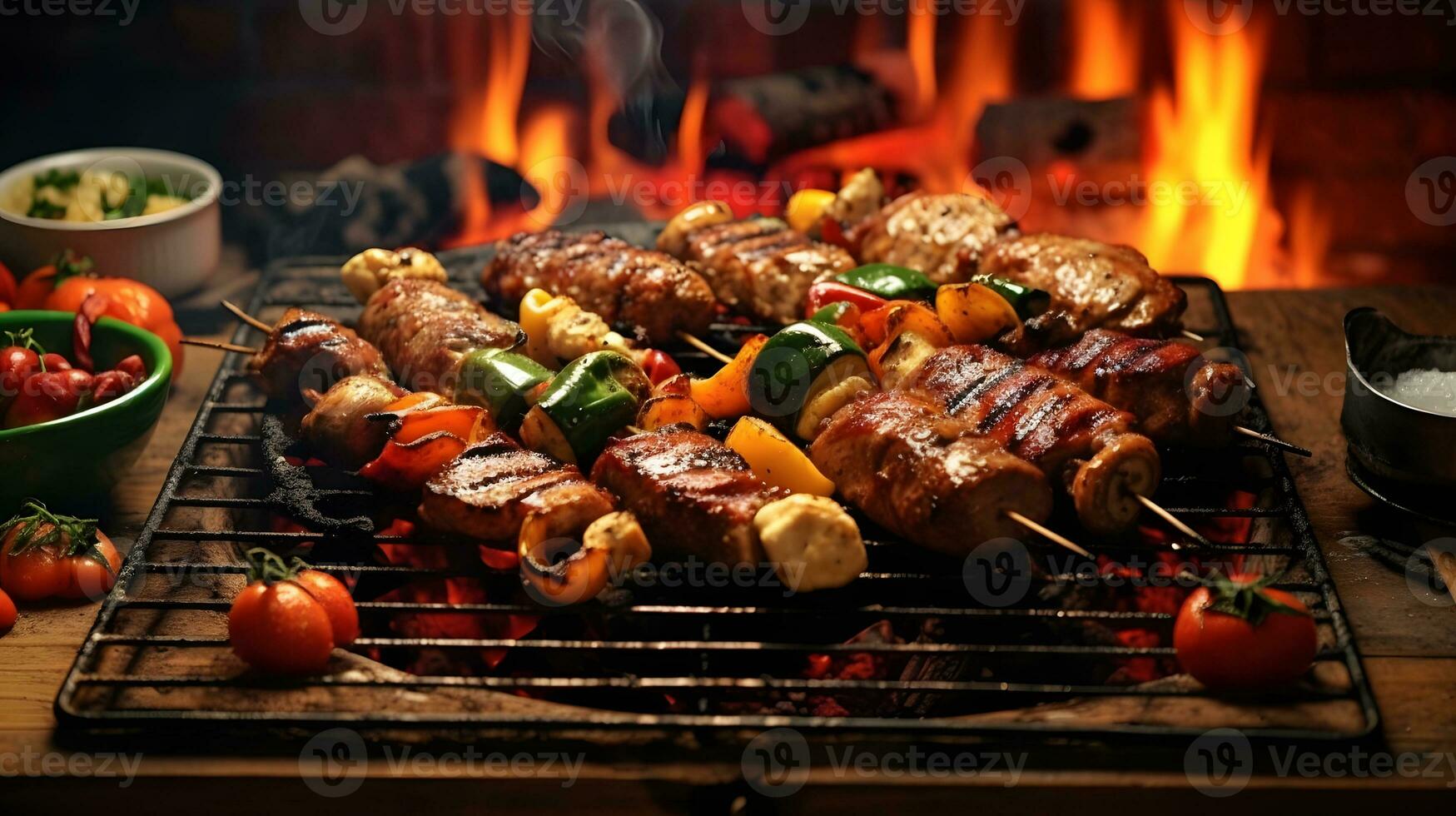 rundvlees steaks en groenten Aan de rooster met vlammen. barbecue. foto