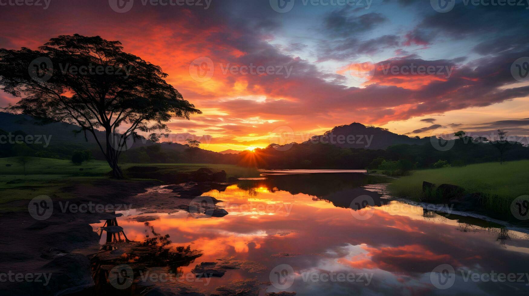 zonsondergang regenwoud panorama, oerwoud rivier- met tropisch vegetatie in Colombia foto