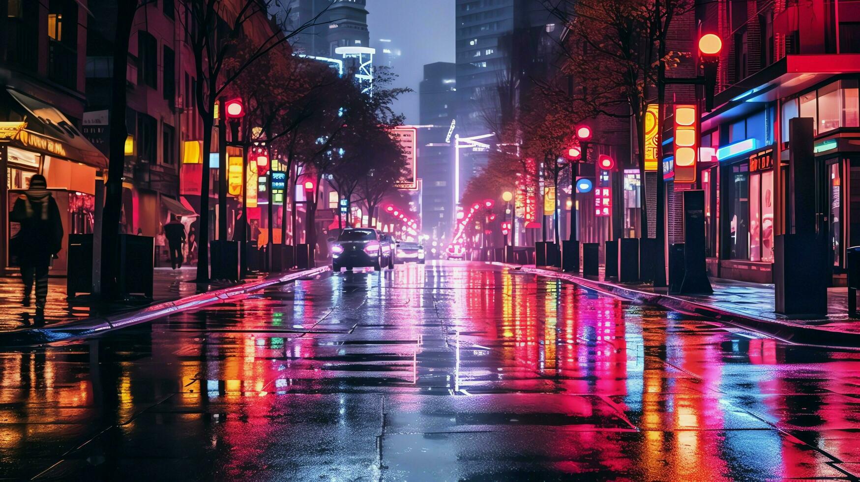nacht tafereel van na regen stad in cyberpunk stijl, futuristische nostalgisch jaren 80, jaren 90. neon lichten levendig kleuren, fotorealistisch horizontaal illustratie. ai gegenereerd foto