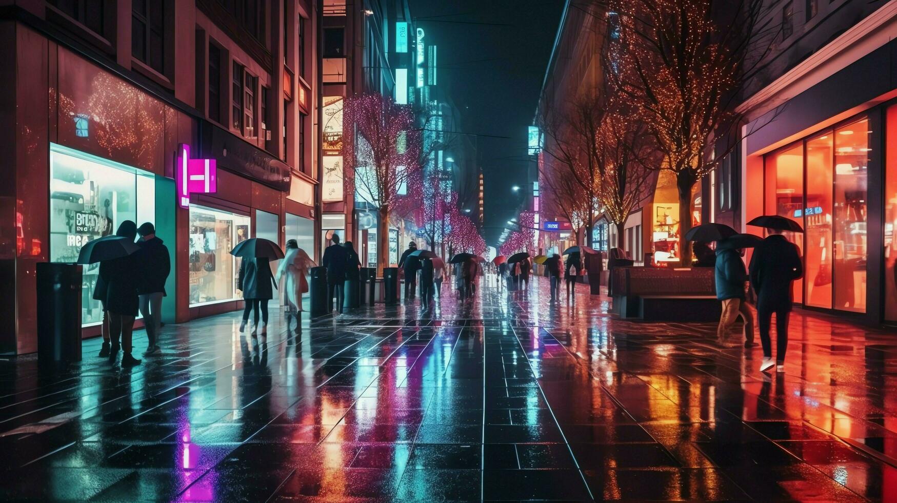 nacht tafereel van na regen stad in cyberpunk stijl, futuristische nostalgisch jaren 80, jaren 90. neon lichten levendig kleuren, fotorealistisch horizontaal illustratie. ai gegenereerd foto