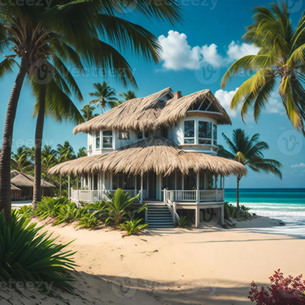 een pittoreske strand tafereel met zwaaiend palm bomen en een charmant huis genesteld tussen hen ai gegenereerd foto