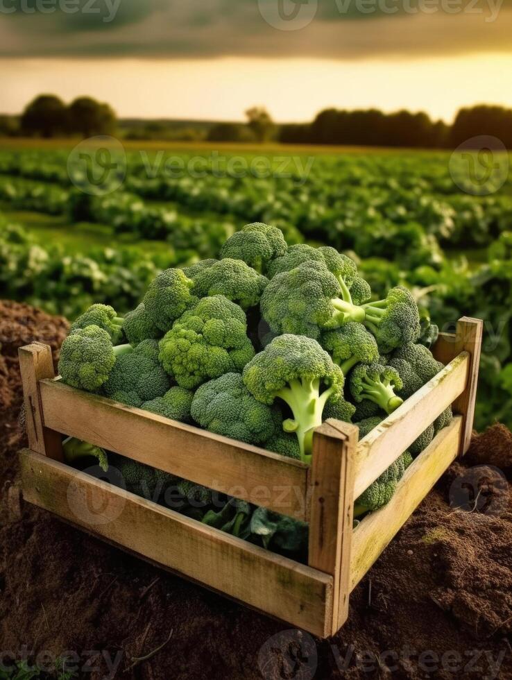 rijp broccoli in een houten doos Aan een achtergrond van de tuin. ruimte voor tekst, verticaal, model, generatief ai foto