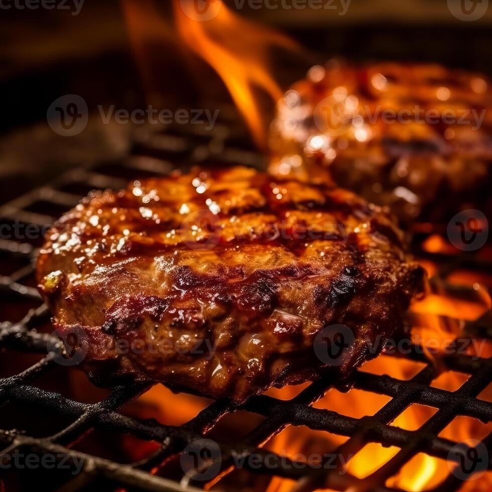 gegrild vers sappig rundvlees steak Aan grill, dichtbij omhoog, geïsoleerd, kopiëren ruimte, generatief ai foto