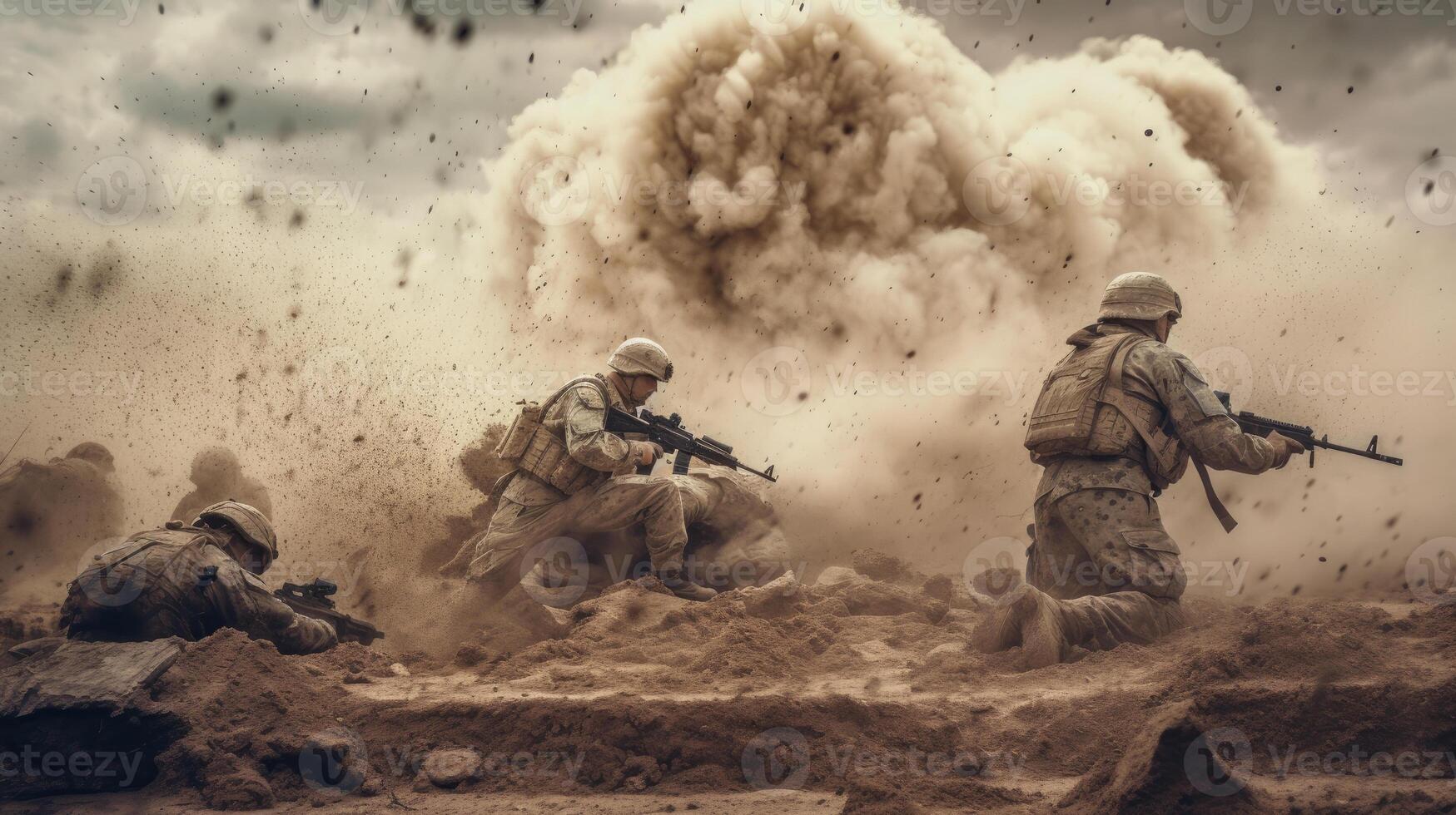 Verenigde staten marines in actie. leger apparatuur, leger helm, oorlogsverf, gerookt vuil gezicht, tactisch handschoenen foto