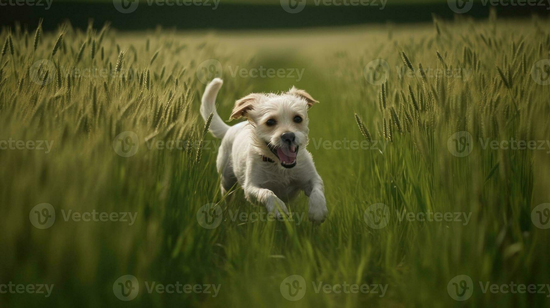 gelukkig huisdier hond puppy stoeien in de gras, een afbeelding van zuiver gelukzaligheid net zo het streepjes aan de overkant de groen veld- foto