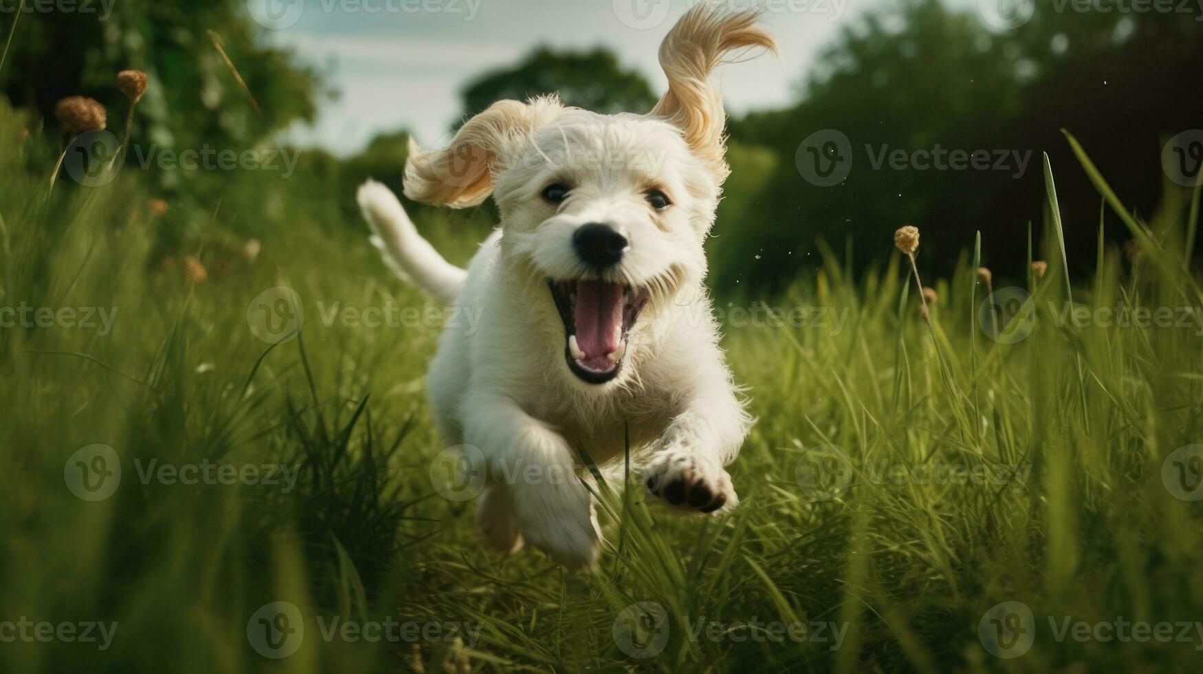 gelukkig huisdier hond puppy stoeien in de gras, een afbeelding van zuiver gelukzaligheid net zo het streepjes aan de overkant de groen veld- foto