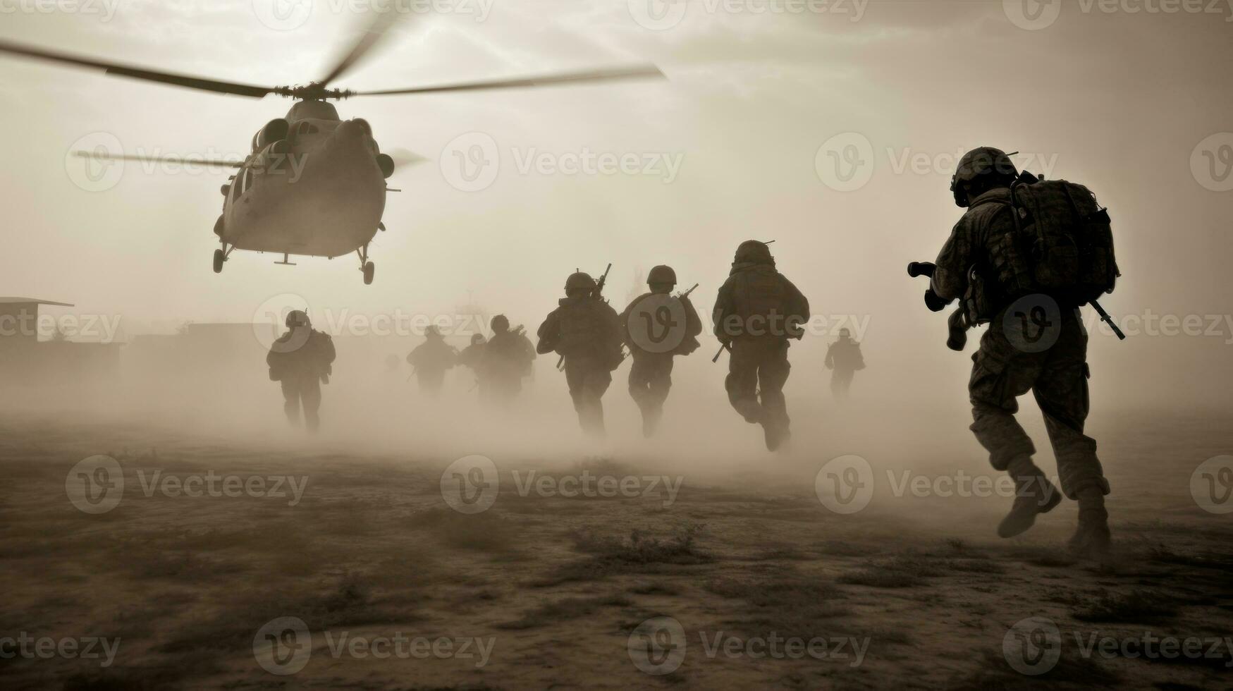 leger soldaten zijn rennen naar de helikopter in de slagveld. temidden van de stof en chaos van de slagveld, de soldaten in rekening brengen naar de helikopter met onwankelbaar focus foto