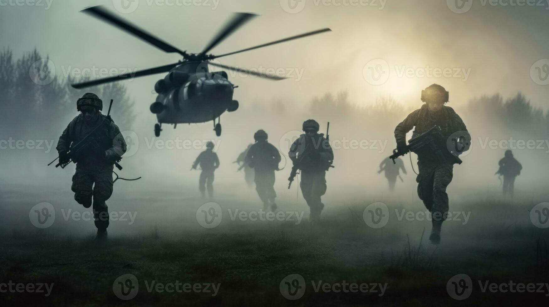 leger soldaten zijn rennen naar de helikopter in de slagveld. temidden van de stof en chaos van de slagveld, de soldaten in rekening brengen naar de helikopter met onwankelbaar focus foto