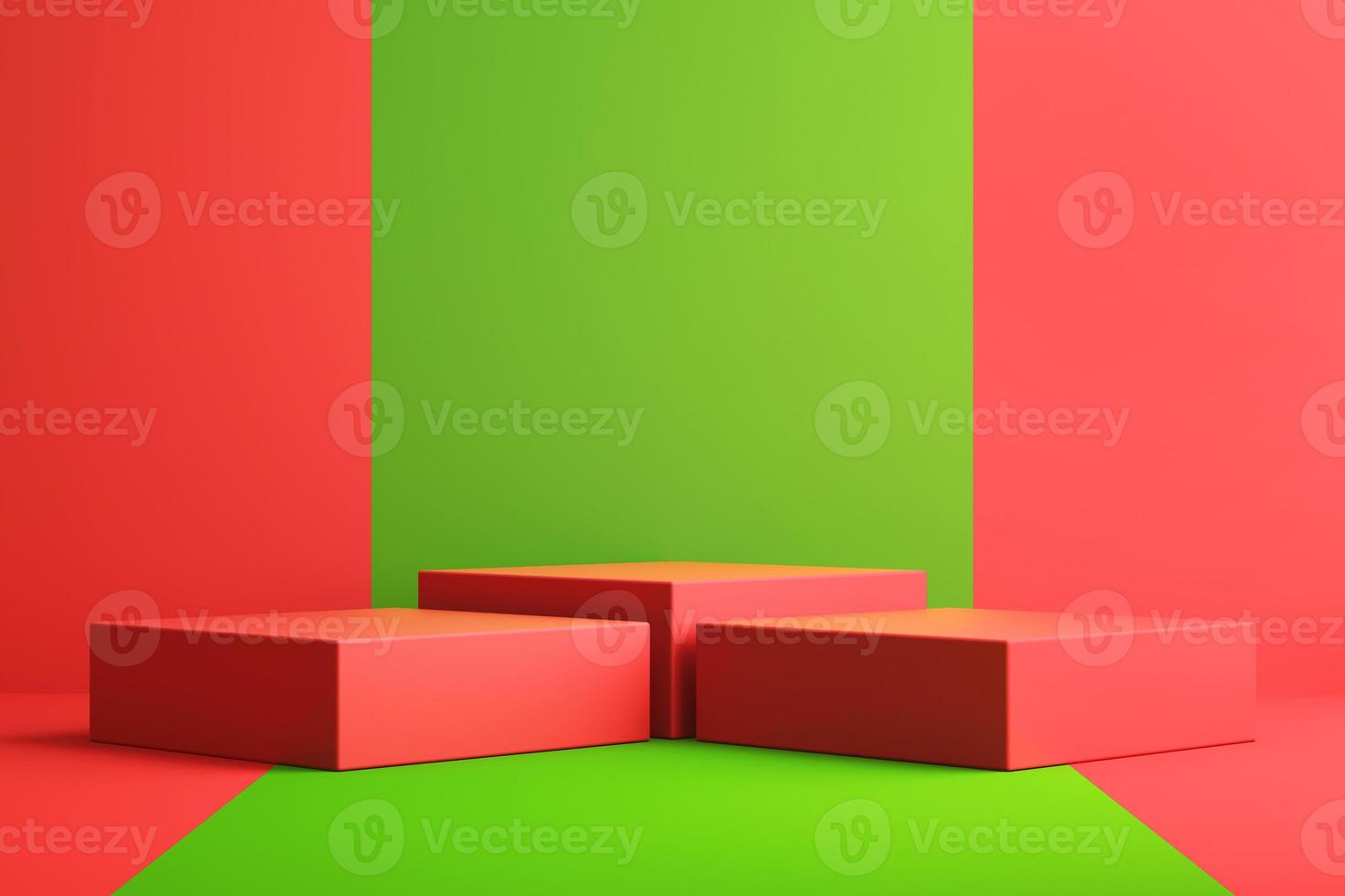 3D-achtergrond voor mock-up podium voor productpresentatie, rode en groene achtergrond, 3D-rendering foto