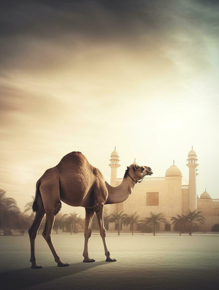 eid al adha mubarak groet met kameel en moskee, eid mubarak foto