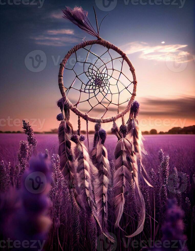dromenvanger in lavendel veld, gemaakt met generatief ai foto
