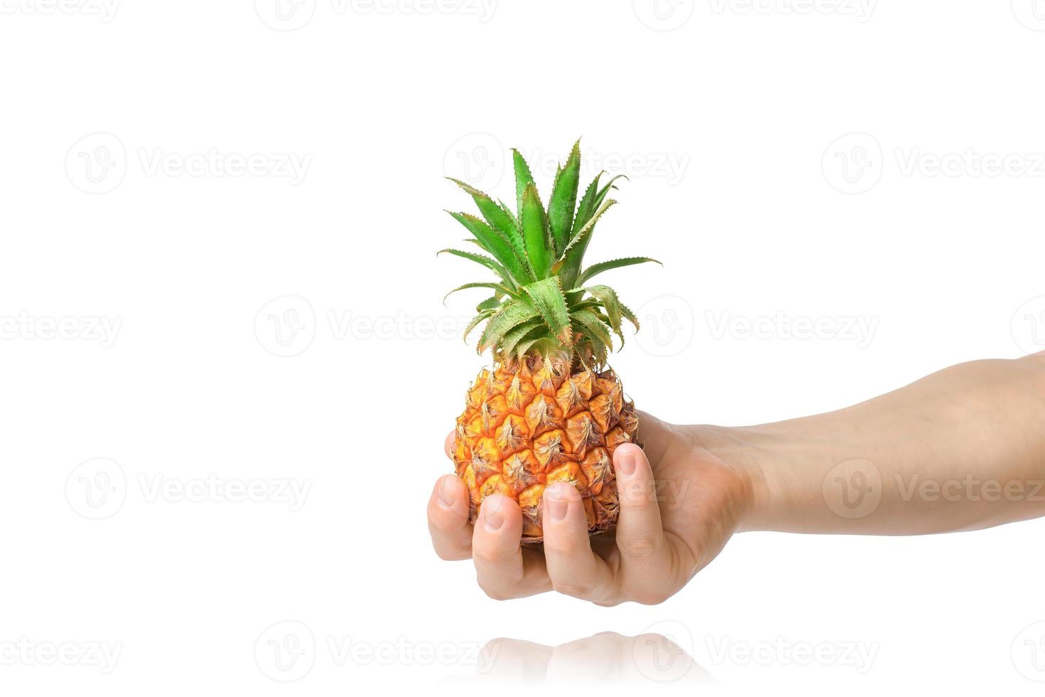 baby ananas in de menselijke mannelijke hand, geïsoleerd op een witte achtergrond. foto
