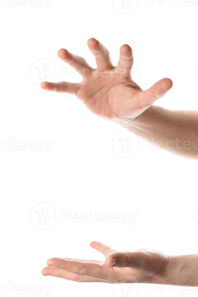 man hand vasthouden, grijpen of vangen van een object, handgebaar. geïsoleerd op een witte achtergrond. foto