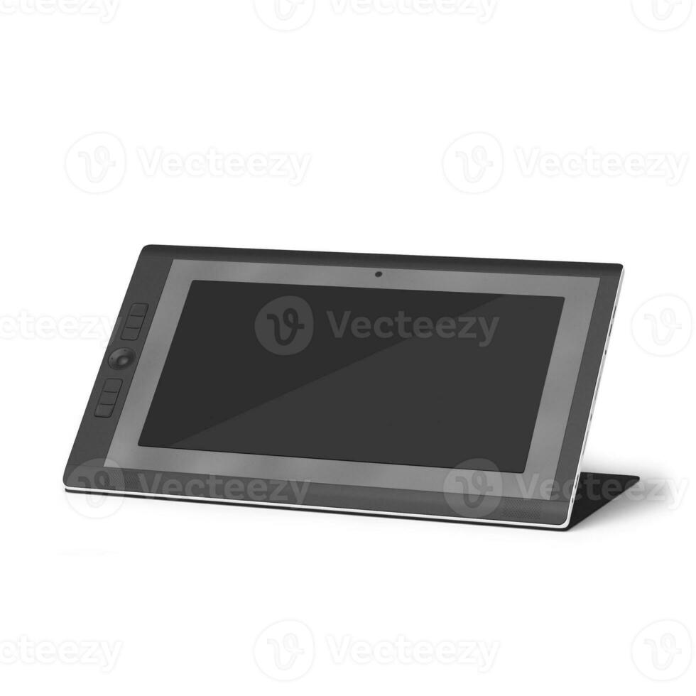 geïsoleerd zwart trek pen tablet aan het liegen Aan wit achtergrond fit voor uw apparaat project. foto