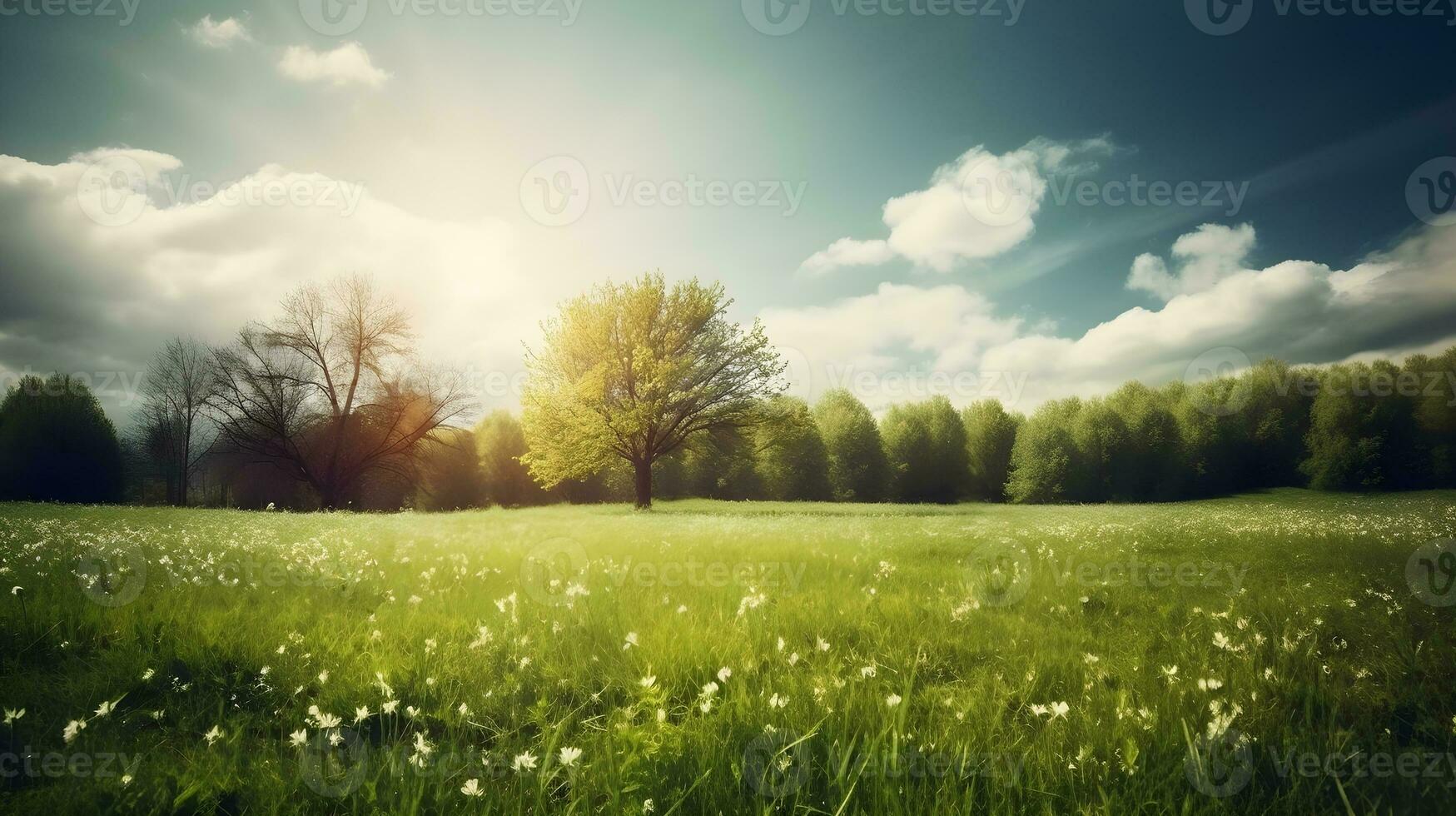 visie voorjaar natuur met een netjes bijgesneden gazon omringd door bomen ,generatief ai foto