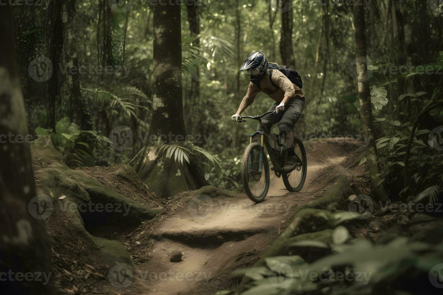 montain fiets racing Aan tropisch Woud ,generatief ai foto