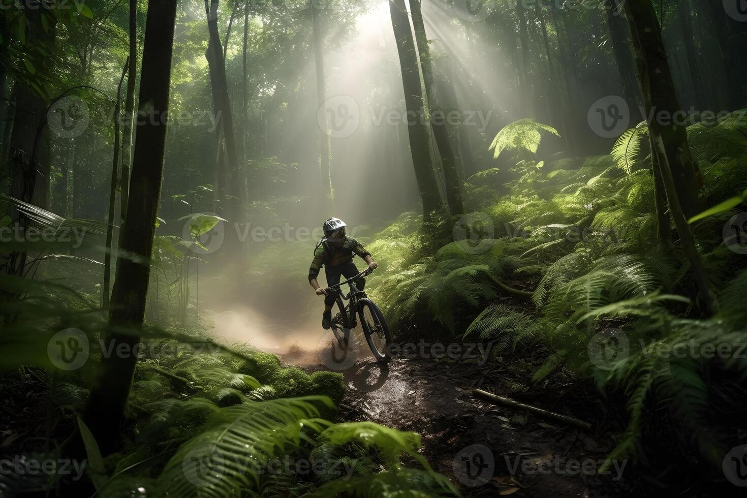 montain fiets racing Aan tropisch Woud ,generatief ai foto