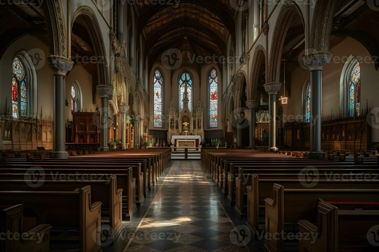 klassiek kerk interieur voorkant visie ,generatief ai foto